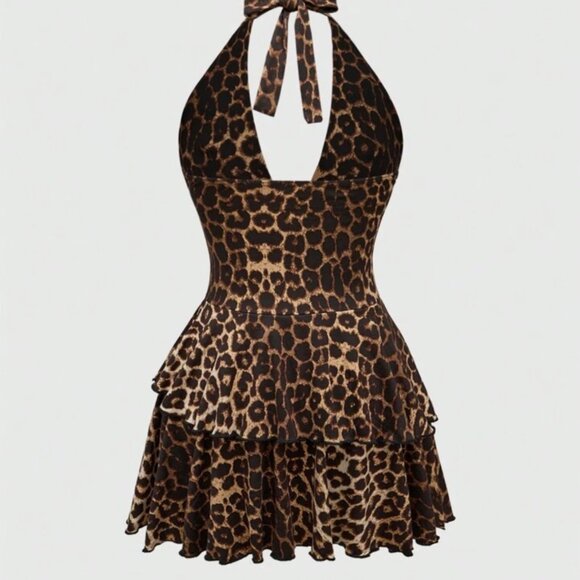 Y2K Goth Sexy Halter Cross Ruffle Hem Leopard Print Mini Dress Size: Medium - Picture 3 of 9